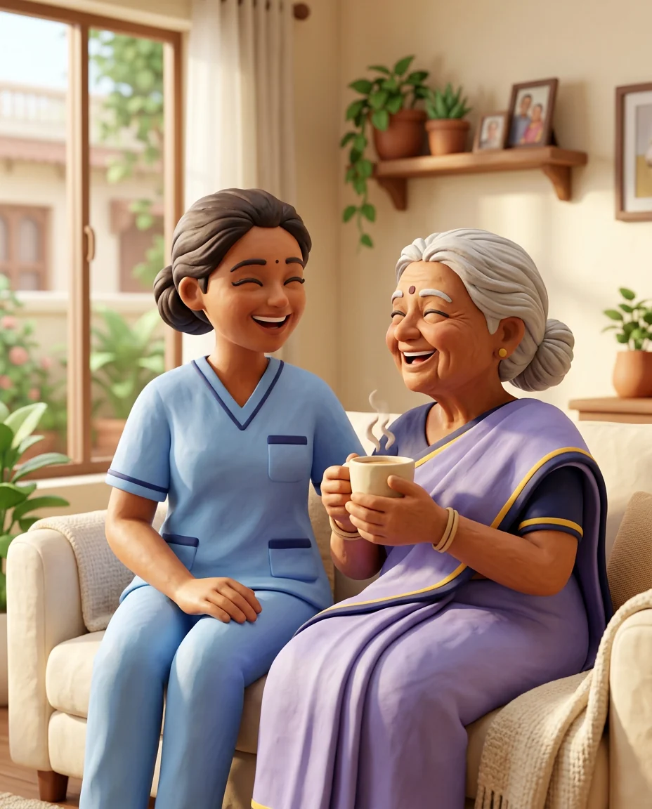 LOOPPER home nurse sharing a laugh with an elderly client over chai